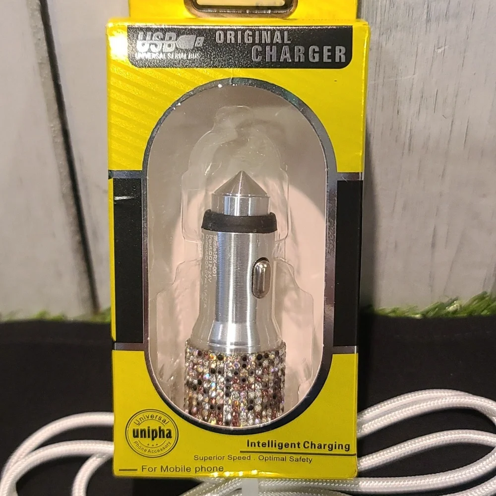 Cell Car Charger system- Rhinestone white cord - Iphone, USB A, USB C & Android